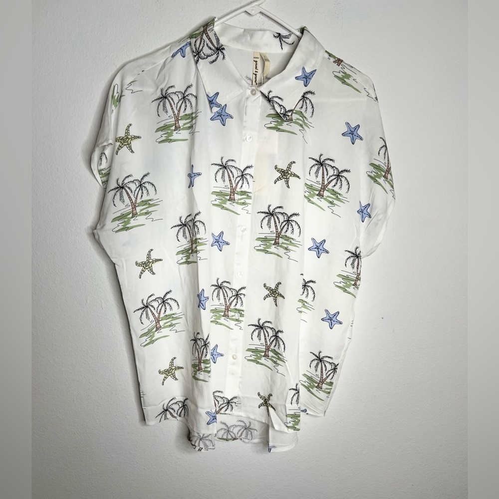 Grand & Greenen Women Blouse Hawaiian Islands Print Size L Hi-low